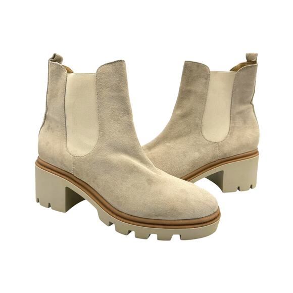 Antonio de Faria Neutral Cream Suede Leather Chunky Lug Pull On Chelsea Boots - Picture 1 of 12